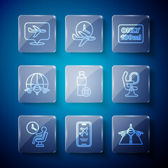 Set line Human waiting in airport terminal, Mobile with ticket, Plane, Liquids carry-on baggage, No water bottle, Globe flying plane, and Airplane seat icon. Vector