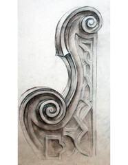 Detail of a church pew. Hand drawn sketch. Brown pencil drawing. Ornament. Interior. Wooden.
