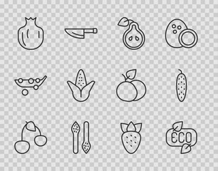 Set line Cherry, Leaf Eco symbol, Pear, Asparagus, Pomegranate, Corn, Strawberry and Cucumber icon. Vector