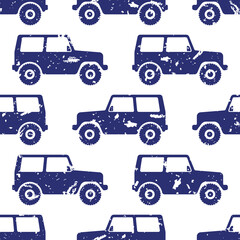 Small blue SUVs isolated on white background. Side view. Cute monochrome automotive seamless pattern. Vector simple flat graphic illustration. Texture.