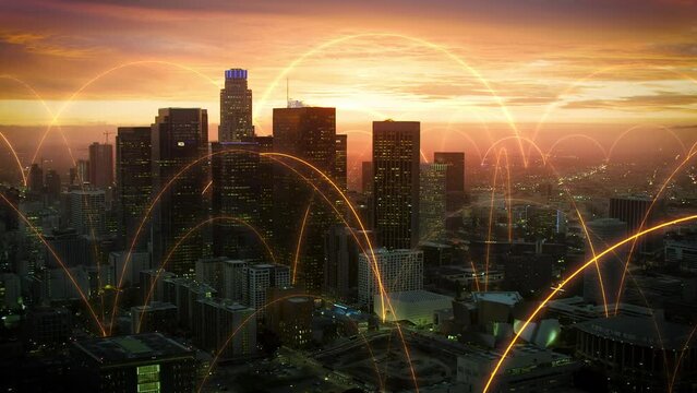 Orange Holographic Lines Connecting Los Angeles. Smart and Futuristic Metropolis At Dusk. Arch Network Animation. Shot In 8K. Famous Skyscrapers In Downtown.