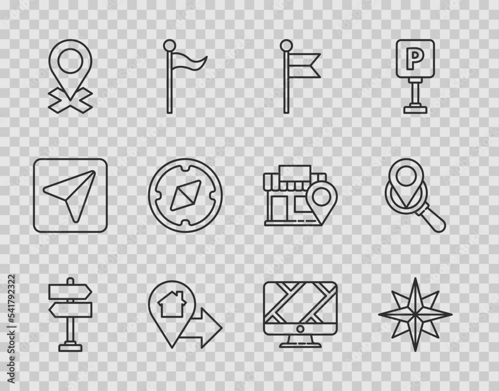 Sticker Set line Road traffic sign, Wind rose, Location marker, with house, Compass, Monitor location and Search icon. Vector