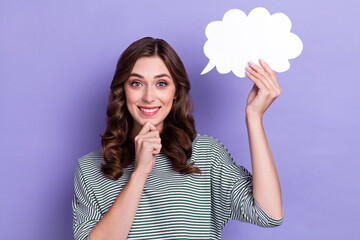 Photo of wavy hair woman genius intellectual home idea how solve financial problems touch chin hold paper cloud isolated on violet color background