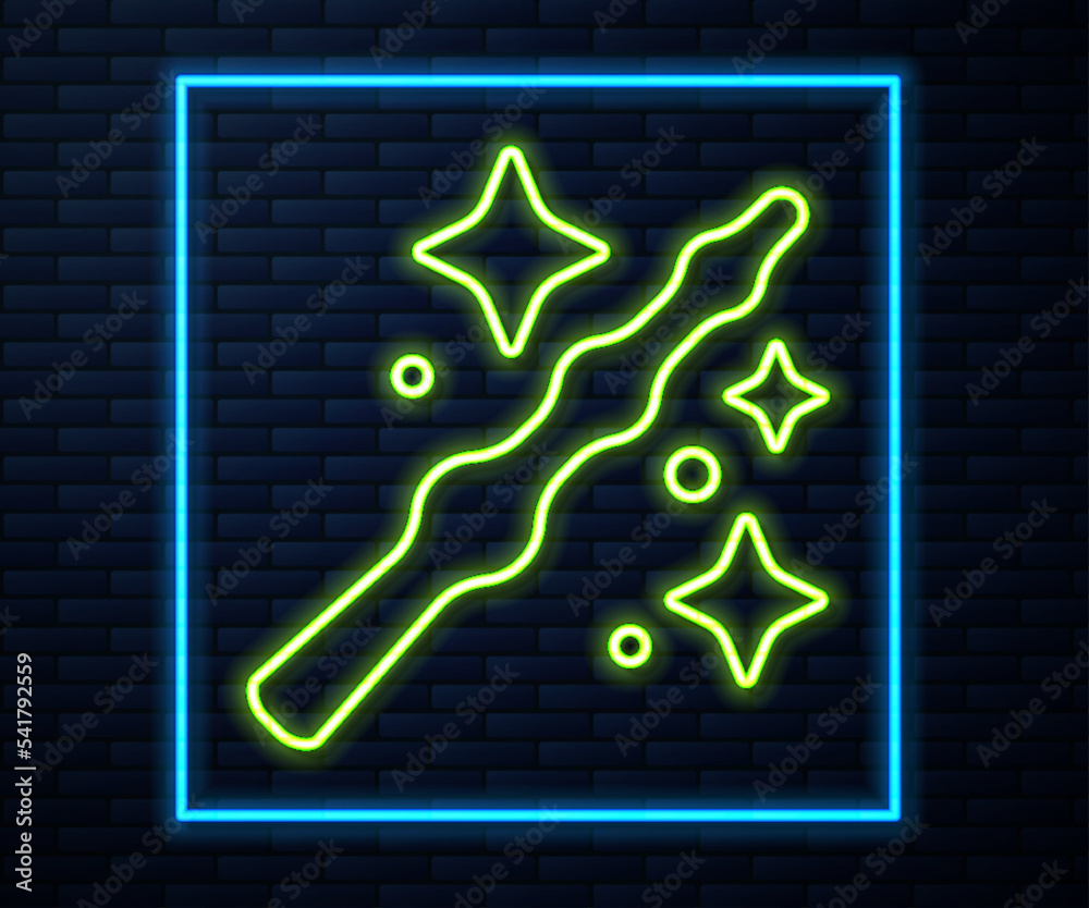 Sticker Glowing neon line Magic wand icon isolated on brick wall background. Star shape magic accessory. Magical power. Happy Halloween party. Vector