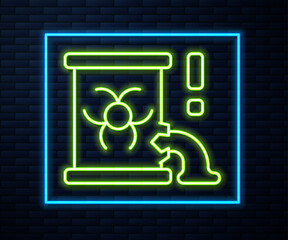 Glowing neon line Radioactive waste in barrel icon isolated on brick wall background. Barrel with radioactive and toxic substance is spilled. Vector