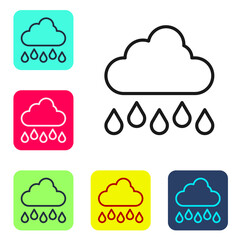 Black line Cloud with rain icon isolated on white background. Rain cloud precipitation with rain drops. Set icons in color square buttons. Vector