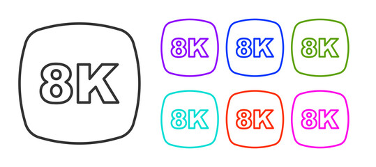 Black line 8k Ultra HD icon isolated on white background. Set icons colorful. Vector