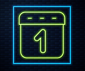 Glowing neon line Calendar icon isolated on brick wall background. Event reminder symbol. Vector