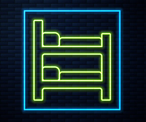 Glowing neon line Bunk bed icon isolated on brick wall background. Vector