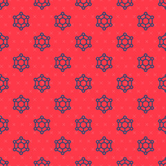 Blue line Molecule icon isolated seamless pattern on red background. Structure of molecules in chemistry, science teachers innovative educational poster. Vector
