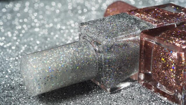 Nail polishes bottles close-up. Square bottles with nail varnish