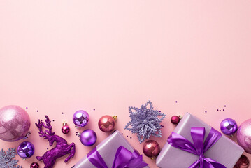 Christmas Day concept. Top view photo of violet gift boxes with ribbon bows pink purple baubles reindeer flower ornaments and sequins on isolated pastel pink background with copyspace