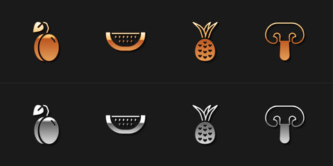 Set Plum fruit, Watermelon, Pineapple and Mushroom icon. Vector