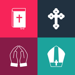 Set pop art Pope hat, Hands in praying position, Christian cross and Holy bible book icon. Vector