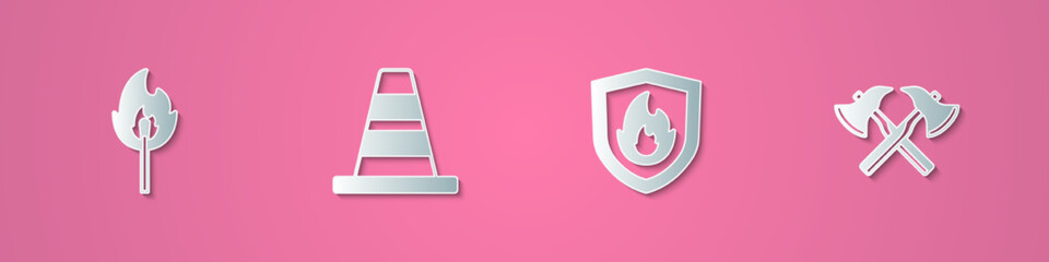 Set paper cut Burning match with fire, Traffic cone, Fire protection shield and Firefighter axe icon. Paper art style. Vector