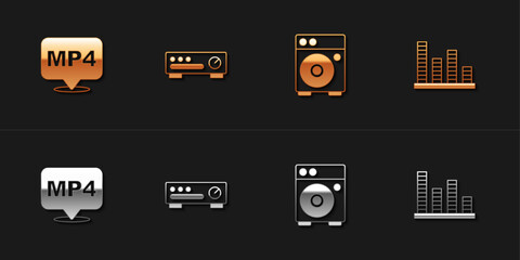 Set MP4 file document, Sound mixer controller, Guitar amplifier and Music equalizer icon. Vector