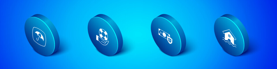 Set Isometric Umbrella, Money with shield, House flood and Lifebuoy in hand icon. Vector
