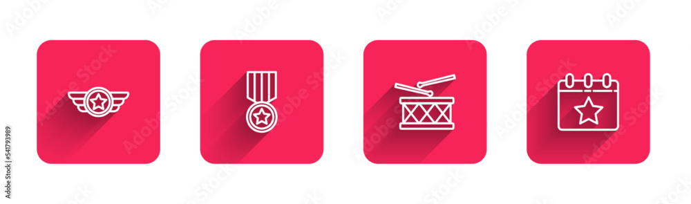 Canvas Prints Set line Star American military, Medal with star, Drum and drum sticks and Calendar date July 4 with long shadow. Red square button. Vector