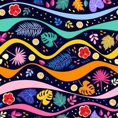 Bright seamless pattern with tropical leaves and colorful waves on black background - 541793910