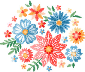 Bright bouquet of embroidered flowers on white background - 541793911