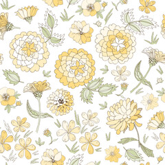 Seamless floral pattern with hand drawn  yellow flowers on white background. Print for fabric, textile, wrapping paper, wallpaper - 541793939