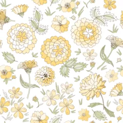 Schilderijen op glas Seamless floral pattern with hand drawn  yellow flowers on white background. Print for fabric, textile, wrapping paper, wallpaper © Happy Dragon