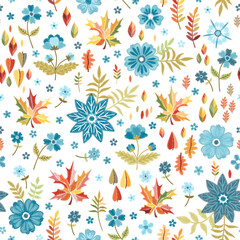 Fototapeta na wymiar Embroidery seamless pattern with blue flowers and colorful autumn leaves on white background