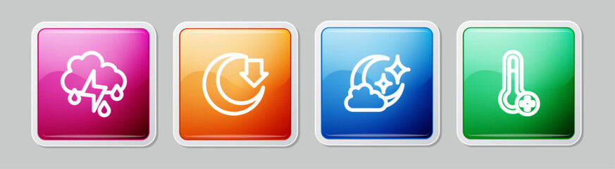 Set line Cloud with rain and lightning, Moon, moon and Meteorology thermometer. Colorful square button. Vector © Kostiantyn