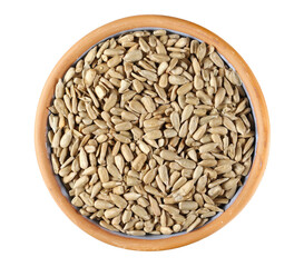 Salted sunflower seeds in clay pot isolated on white, top view