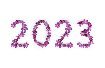 New year 2023 made of lilac flowers on white background