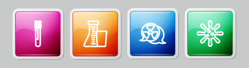 Set line Test tube and flask, , Radioactive and Bacteria. Colorful square button. Vector