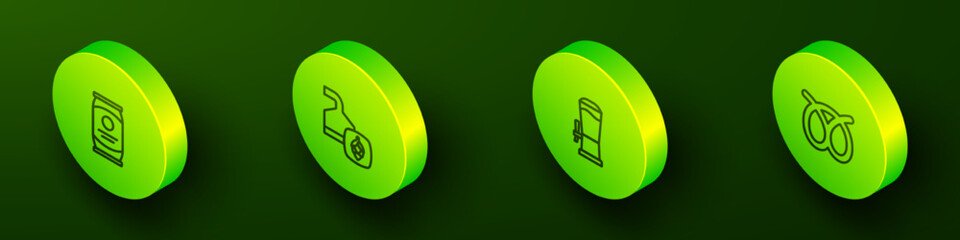 Set Isometric line Beer can, brewing process, tap and Pretzel icon. Vector