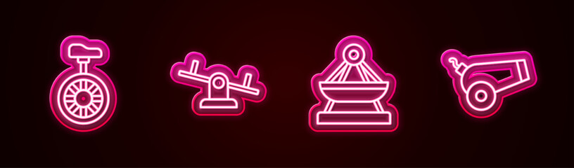 Set line Unicycle or one wheel bicycle, Seesaw, Boat swing and Cannon. Glowing neon icon. Vector © Kostiantyn