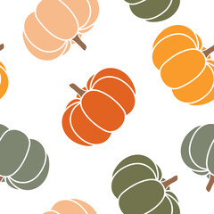 Thanksgiving day background. Vector cartoon illustration, hello autumn. Seamless pattern with cozy orange and green pumpkins, Hygge time. Halloween party kitchen linen decor with squash. - 541794780
