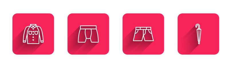 Set line Shirt, Men underpants, Short or and Umbrella with long shadow. Red square button. Vector