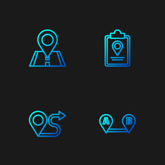Fototapeta premium Set line Route location, , Location and Folded map with marker. Gradient color icons. Vector