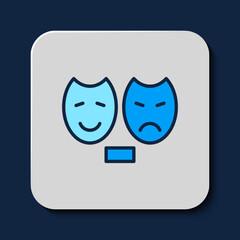 Filled outline Comedy and tragedy theatrical masks icon isolated on blue background. Vector