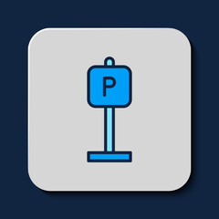 Filled outline Parking icon isolated on blue background. Street road sign. Vector