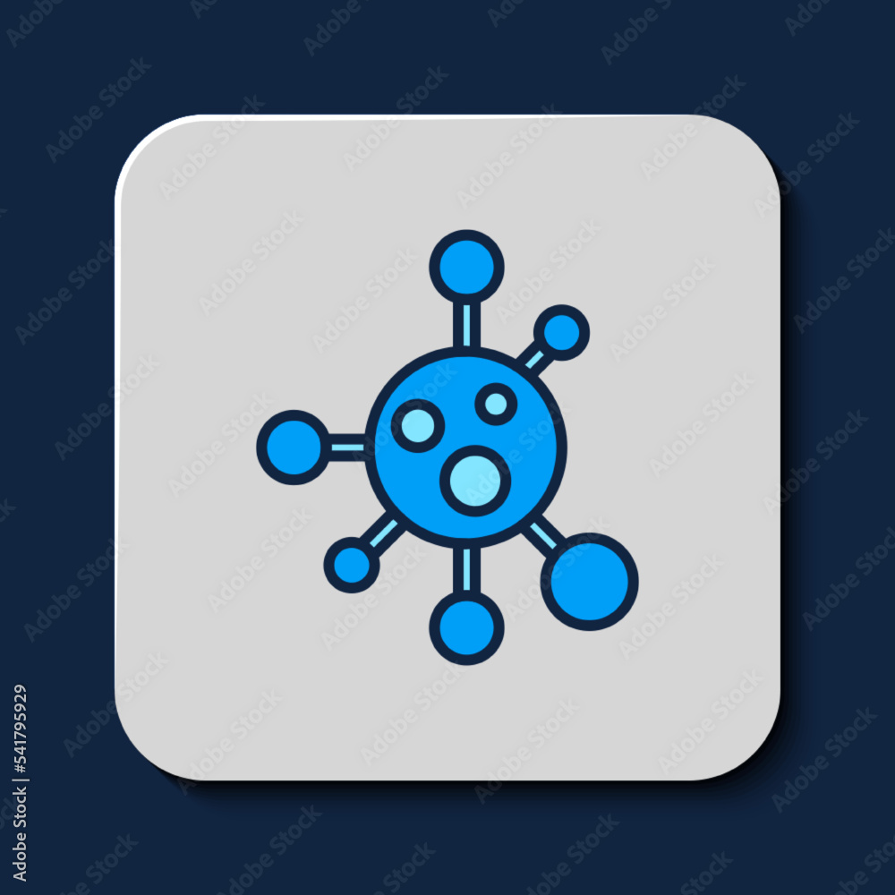 Sticker filled outline molecule icon isolated on blue background. structure of molecules in chemistry, scien