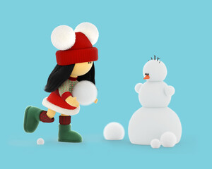A cute rag doll in a knitted Christmas sweater sculpts a New Year's snowman
