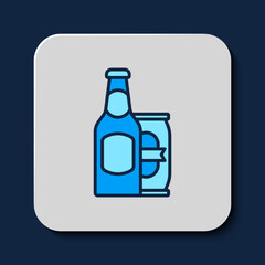 Filled outline Beer bottle and beer can icon isolated on blue background. Vector