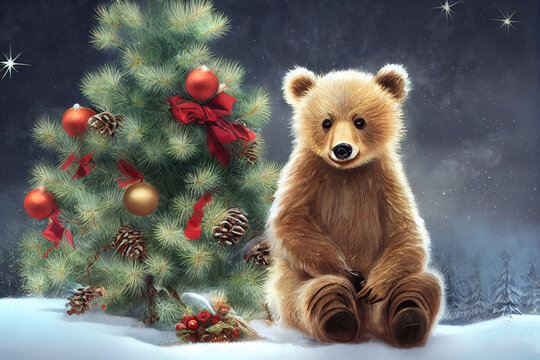 Weinachtskarte mit einem sitzendem Teddyb&auml;r am Christbaum, Illustration