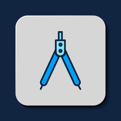 Filled outline Drawing compass icon isolated on blue background. Compasses sign. Drawing and educational tools. Geometric instrument. Vector