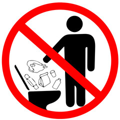 Do not litter in toilet icon. Keep clean sign. No to throw garbage into toilet in prohibition warning caution red circle isolated on white background.