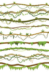 Lianas stems border set. Rainforest green vines or twisted plant hanging on branch. Cartoon jungle creeper branches, leaves and moss on tree. Vector isolated game scenery elements © the8monkey