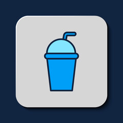 Filled outline Paper glass with drinking straw and water icon isolated on blue background. Soda drink glass. Fresh cold beverage symbol. Vector