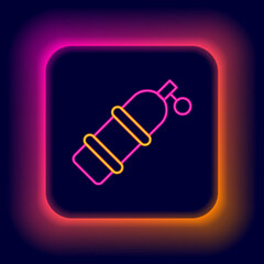 Glowing neon line Aqualung icon isolated on black background. Oxygen tank for diver. Diving equipment. Extreme sport. Diving underwater equipment. Colorful outline concept. Vector