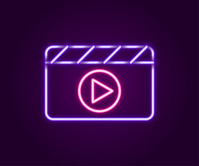 Glowing neon line Movie clapper icon isolated on black background. Film clapper board. Clapperboard sign. Cinema production or media industry. Colorful outline concept. Vector