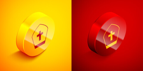 Isometric Pope hat icon isolated on orange and red background. Christian hat sign. Circle button. Vector