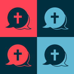 Pop art Christian cross icon isolated on color background. Church cross. Vector